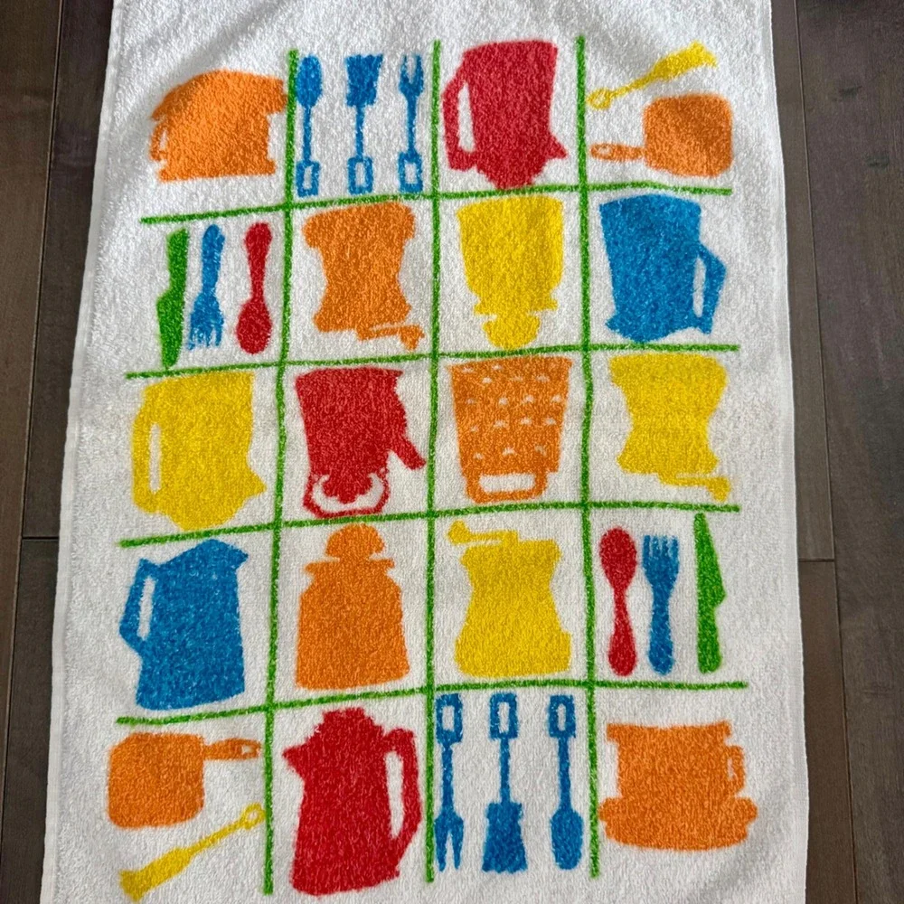 Vintage Mid Century Modern Kitchen Gadgets Terry Cloth Hand Towel Fringe Multi